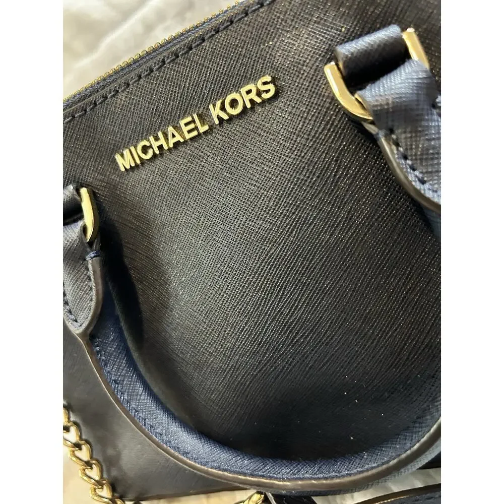 Michael Kors Blue Saffiano Leather Dome Crossbody Bag Silver Chain Strap